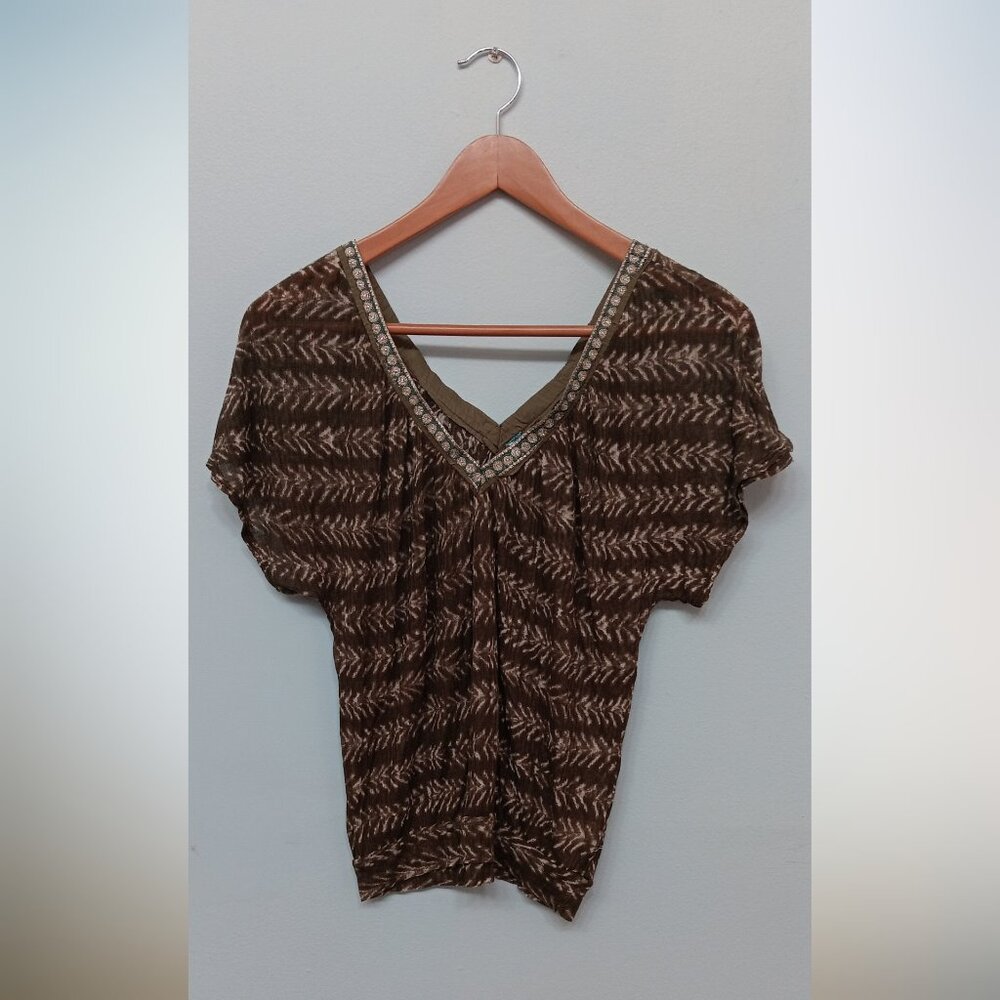 Free People Women's V-Neck Short Sleeve Top Olive Green White TieDye Top S/P